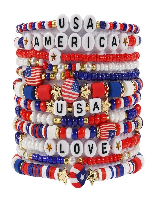 Lonext 12pcs American Flag Bracelet for Women Mens USA Red Blue White Beads Stretch Bracelet Set Patriotic 4th of July Independence Day - Image 1